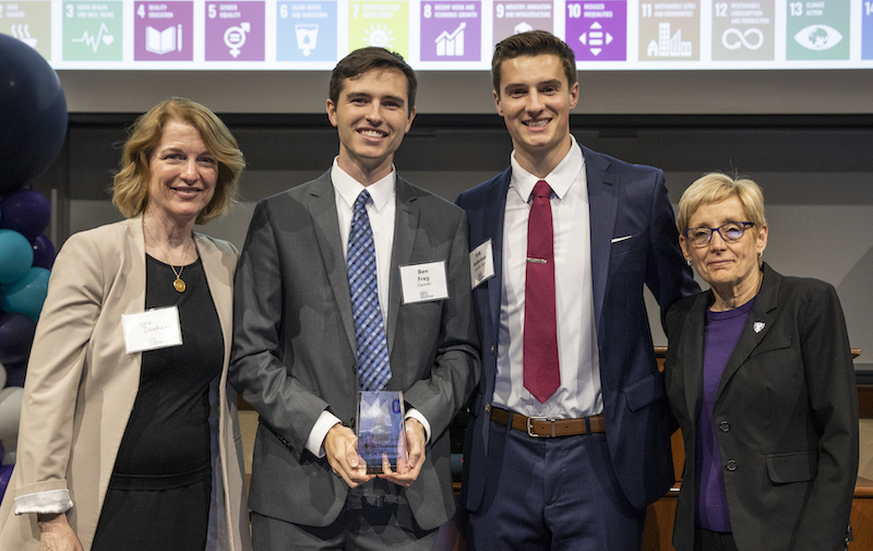 Photo with Dr. Laura Dunham (Dean, Opus College of Business), Ben Frey, Erik Anderson, and Dr. Julie Sullivan (President, University of St. Thomas) from the 2022 Fowler Global Social Innovation Challenge