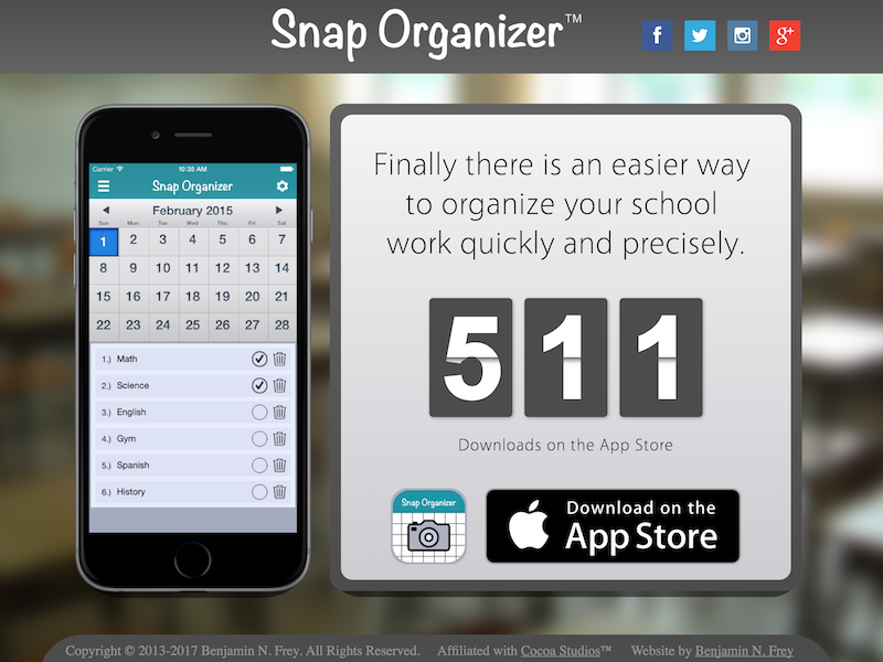 Screenshot of the Snap Organizer website that displays the number of apps downloaded